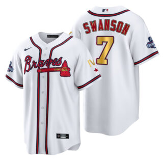 Men's Atlanta Braves Dansby Swanson 2022 White Gold Program 4-Time World Series Champions Jersey