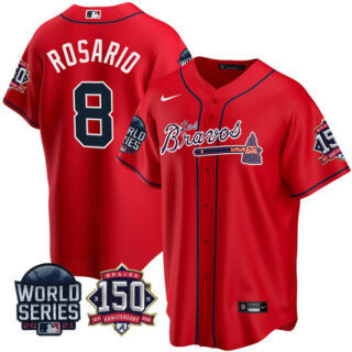 Men's Atlanta Braves Eddie Rosario Los Bravos 2021 World Series Stitched Jersey - Red
