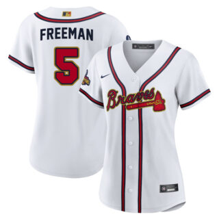 Women's Atlanta Braves Freddie Freeman 2022 Gold Program White Stitched Jersey