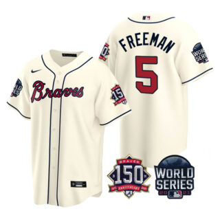 Men's Atlanta Braves Freddie Freeman 2021 World Series Stitched Jersey Cool Base Cream