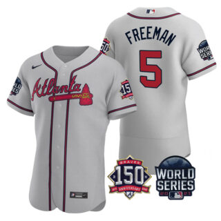 Men's Atlanta Braves Freddie Freeman 2021 World Series Stitched Jersey Flex Base Gray