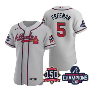 Men's Atlanta Braves Freddie Freeman 2021 World Series Champions Stitched Jersey Flex Base Gray