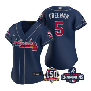 Women's Atlanta Braves Freddie Freeman 2021 World Series Champions Stitched Jersey Navy