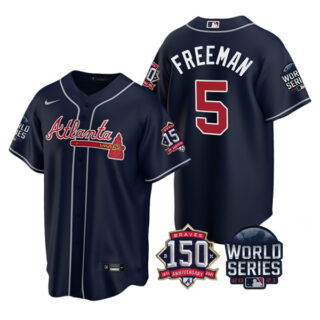 Men's Atlanta Braves Freddie Freeman 2021 World Series Stitched Jersey Cool Base Navy