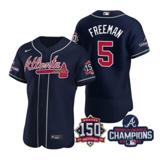 Men's Atlanta Braves Freddie Freeman 2021 World Series Champions Stitched Jersey Flex Base Navy