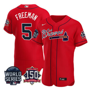 Men's Atlanta Braves Freddie Freeman Los Bravos 2021 World Series Stitched Jersey - Red