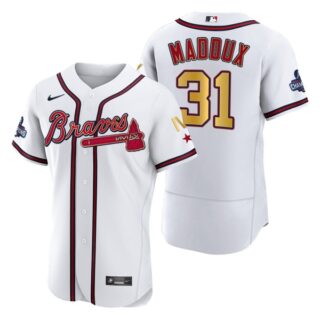 Men's Atlanta Braves Greg Maddux 2022 White Gold Program 4-Time World Series Champions Jersey