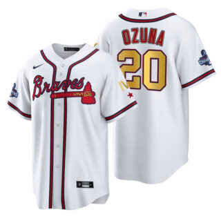 Men's Atlanta Braves Marcell Ozuna 2022 White Gold Program 4-Time World Series Champions Jersey