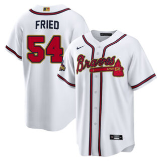 Men's Flex Base Atlanta Braves Max Fried 2022 Gold Program White Stitched Jersey