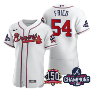 Men's Atlanta Braves Max Fried 2021 World Series Champions Stitched Jersey Flex Base White Home