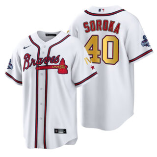 Men's Atlanta Braves Mike Soroka 2022 White Gold Program 4-Time World Series Champions Jersey