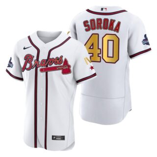 Men's Atlanta Braves Mike Soroka 2022 White Gold Program 4-Time World Series Champions Jersey