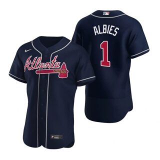 Men's #1 Ozzie Albies Atlanta Braves Flex Base Jersey Navy Red