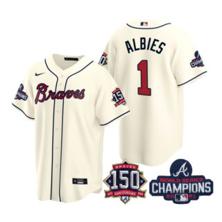 Youth Atlanta Braves Ozzie Albies 2021 World Series Champions Stitched Jersey Cool Base Cream
