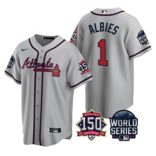 Men's Atlanta Braves Ozzie Albies 2021 World Series Stitched Jersey Cool Base Gray