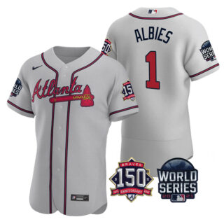 Men's Atlanta Braves Ozzie Albies 2021 World Series Stitched Jersey Flex Base Gray