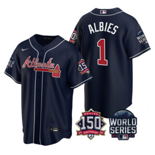 Men's Atlanta Braves Ozzie Albies 2021 World Series Stitched Jersey Cool Base Navy