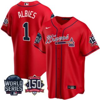 Men's Atlanta Braves Ozzie Albies Los Bravos 2021 World Series Stitched Jersey - Red