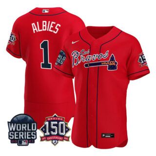 Men's Atlanta Braves Ozzie Albies Los Bravos 2021 World Series Stitched Jersey - Red