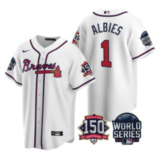 Men's Atlanta Braves Ozzie Albies 2021 World Series Stitched Jersey Cool Base White Home