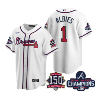 Youth Atlanta Braves Ozzie Albies 2021 World Series Champions Stitched Jersey Cool Base White Home