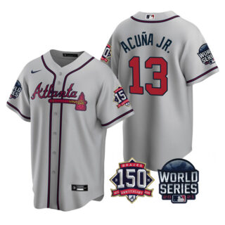 Men's Atlanta Braves Ronald Acuna Jr. 2021 World Series Stitched Jersey Cool Base Gray