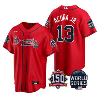 Men's Atlanta Braves Ronald Acuna Jr. 2021 World Series Stitched Jersey Cool Base Red