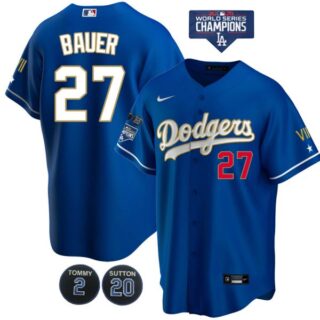Men's Los Angeles Dodgers Trevor Bauer Jersey World Series Champions Special Edition Royal Gold