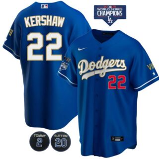 Men's Los Angeles Dodgers Clayton Kershaw Jersey World Series Champions Special Edition Royal Gold