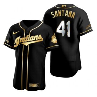 Men's Carlos Santana Cleveland Indians Flex Base Jersey Black Golden