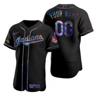 Men's Custom Cleveland Indians Flex Base Jersey Black Holographic