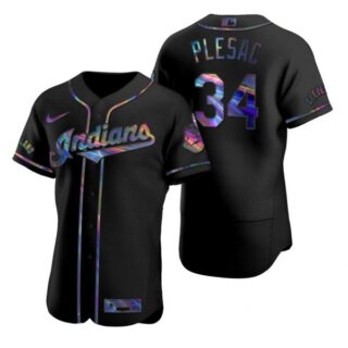 Men's Zach Plesac Cleveland Indians Flex Base Jersey Black Holographic
