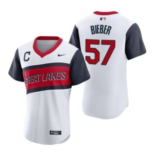 Men's #57 Shane Bieber Cleveland Indians White Home 2021 Little League Classic Jersey