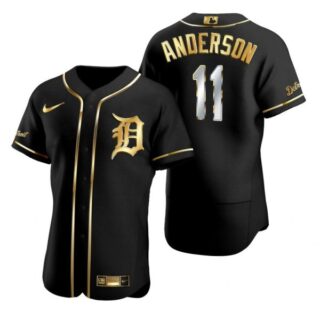 Men's Sparky Anderson Detroit Tigers Flex Base Jersey Black Golden