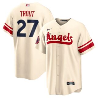 Men's Cool Base Los Angeles Angels Mike Trout 2022 City Connect Cream Stitched Jersey