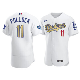 Men's Los Angeles Dodgers #11 A.J. Pollock Flex Base Jersey Stitched White Gold Program