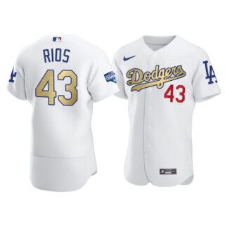 Men's Los Angeles Dodgers #43 Edwin Rios Flex Base Jersey Stitched White Gold Program