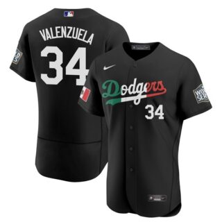 Men's - Flex Base Fernando Valenzuela Los Angeles Dodgers Black Mexico Flag Jersey Stitched