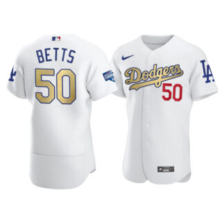 Men's Los Angeles Dodgers #50 Mookie Betts Flex Base Jersey Stitched White Gold Program