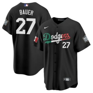 Men's - Cool Base Trevor Bauer Los Angeles Dodgers Black Mexico Flag Jersey Stitched