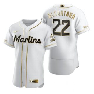 Men's Sandy Alcantara Miami Marlins Flex Base Jersey White Golden