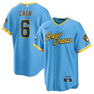 Men's Cool Base Milwaukee Brewers Lorenzo Cain Brew Crew City Connect Powder Blue Stitched Jersey