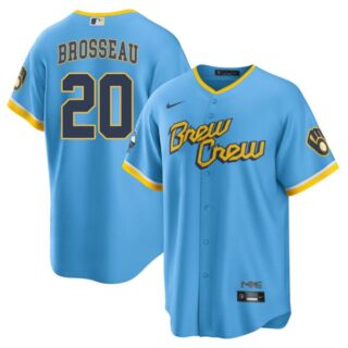 Men's Cool Base Milwaukee Brewers Mike Brosseau Brew Crew City Connect Powder Blue Stitched Jersey