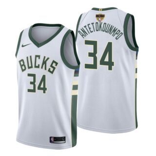 Men's #34 Giannis Antetokounmpo Milwaukee Bucks 2021 NBA Finals Jersey White Association
