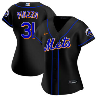 Women New York Mets Mike Piazza Black Throwback Jersey - Stitched