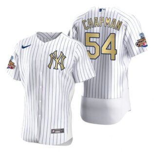 Men's Aroldis Chapman New York Yankees Flex Base Jersey White Gold WS