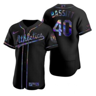 Men's #40 Chris Bassitt Oakland Athletics Flex Base Jersey Black Holographic