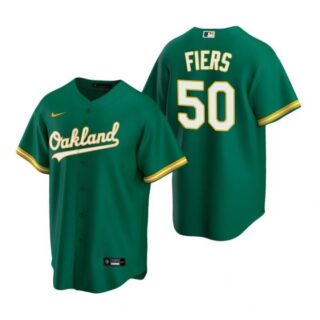 Men's #50 Mike Fiers Oakland Athletics Cool Base Jersey Kelly Green