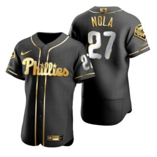 Men's #27 Aaron Nola Philadelphia Phillies Flex Base Jersey Black Golden