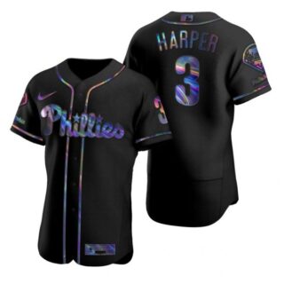 Men's #3 Bryce Harper Philadelphia Phillies Flex Base Jersey Black Holographic